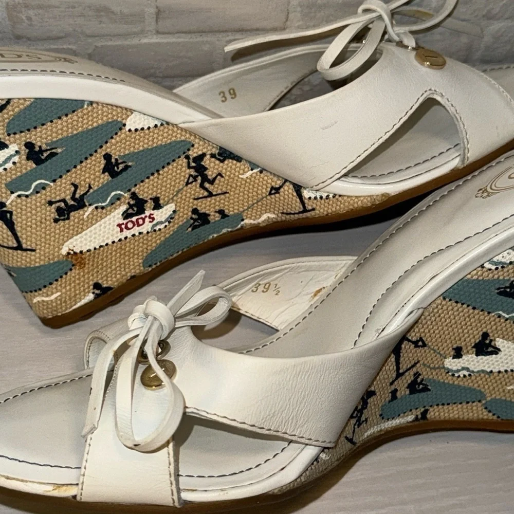 Tod's White Ribbon Wedge Wakeboard Pattern Espadrille Sandal Heel Shoes